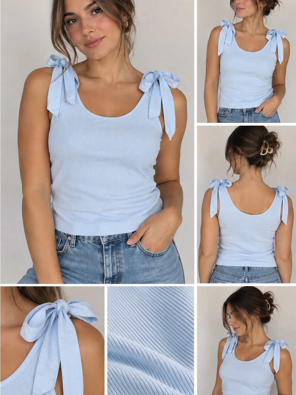 Light Blue Tie-Shoulder Ribbed Tank Top